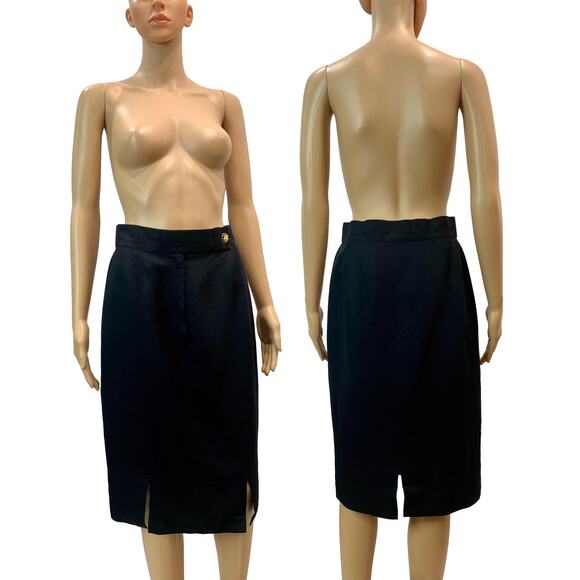 80's Louis Féraud Structured Black Pencil Skirt w Gold Sun Face Button | 28" - Picture 6 of 12